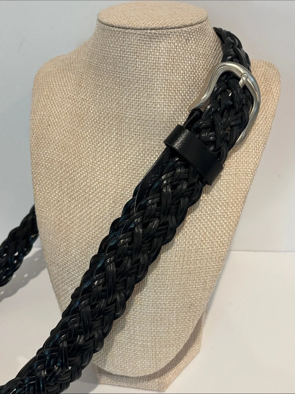 Men's Black Braided Leather Belt with Silver Buckle sz L